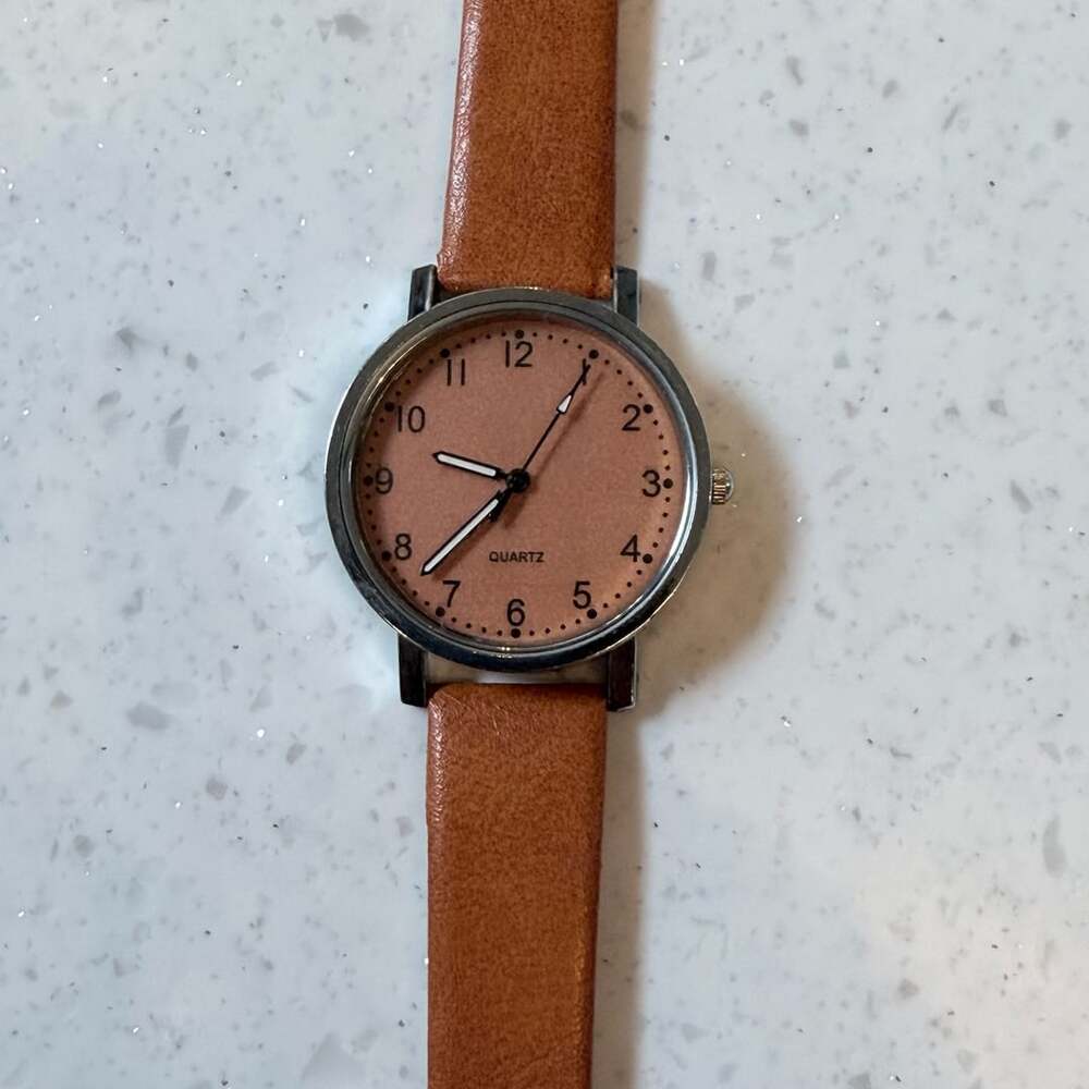 Unbranded Brown Leather Quartz Wristwatch Pink Dial